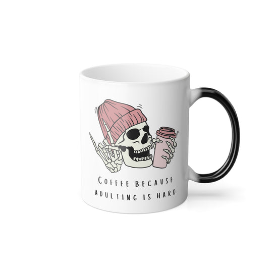 Adulting is Hard Skull with Pink Beanie Color Morphing Mug, 11oz
