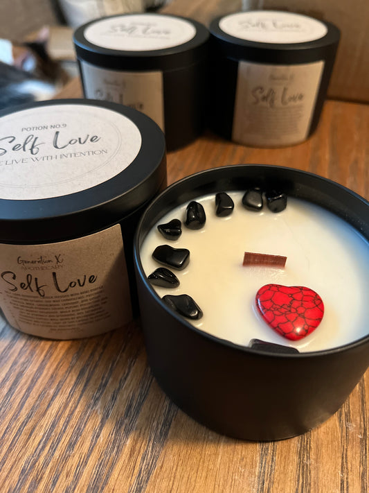 Self Love Obsidian and Red Turquoise Crystal Candle